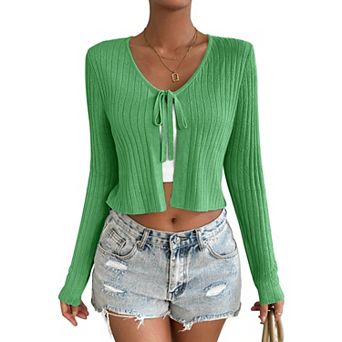 Women's Long Sleeve Knit Cropped Cardigan Tie Up Shrug Top