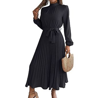 Women's Stand Collar Pleated Midi Dress Belted Waist Slim Fit Cocktail Dress