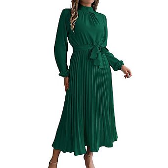Women's Stand Collar Pleated Midi Dress Belted Waist Slim Fit Cocktail Dress