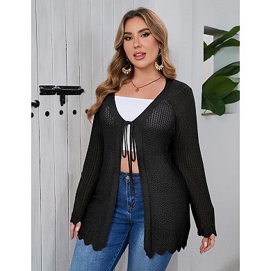 Women's Plus Size Tie Front Cardigan Lightweight Sweater
