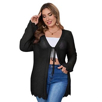 Women's Plus Size Tie Front Cardigan Lightweight Sweater