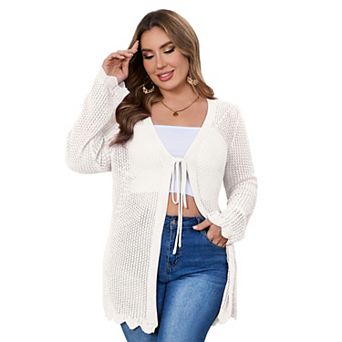 Women's Plus Size Tie Front Cardigan Lightweight Sweater