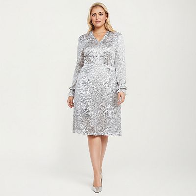 Anna-Kaci Women's Plus Size Dotted Print Long Sleeve V-Neck Midi Dress with Fitted Waist and Flowy Skirt - White