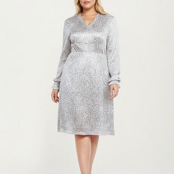 Women's Plus Size Dotted Print Long Sleeve V-Neck Midi Dress with Fitted Waist and Flowy Skirt