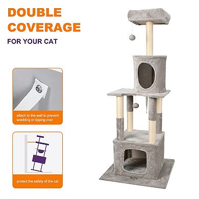 GOOPAWS 58-in Faux Fur Cat Tree & Condo, Light Grey
