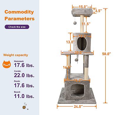GOOPAWS 58-in Faux Fur Cat Tree & Condo, Light Grey