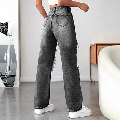 Women's Trendy Ripped Jeans Effortless Chic Wide Leg Denim Versatile Loose Casual Pants