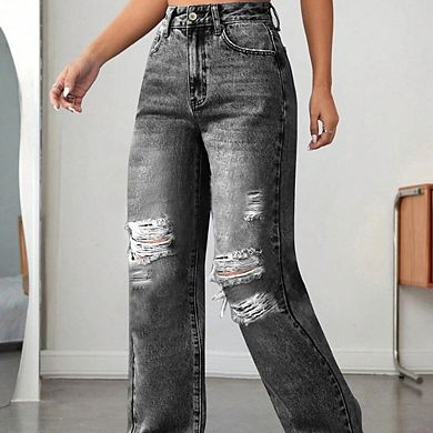 Women's Trendy Ripped Jeans Effortless Chic Wide Leg Denim Versatile Loose Casual Pants