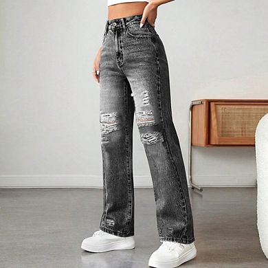 Women's Trendy Ripped Jeans Effortless Chic Wide Leg Denim Versatile Loose Casual Pants