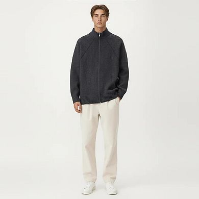 Men's Long Sleeve Full Zip Knit Sweater Jacket with Stand Collar Ribbed Trim and Relaxed Fit