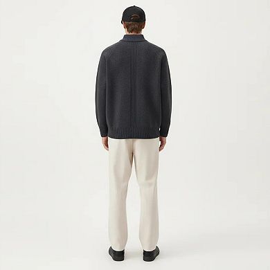 Men's Long Sleeve Full Zip Knit Sweater Jacket with Stand Collar Ribbed Trim and Relaxed Fit