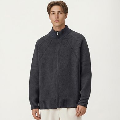 Men's Long Sleeve Full Zip Knit Sweater Jacket with Stand Collar Ribbed Trim and Relaxed Fit