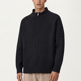 Men's Long Sleeve Full Zip Knit Sweater Jacket with Stand Collar Ribbed Trim and Relaxed Fit