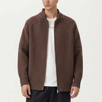 Men's Long Sleeve Full Zip Knit Sweater Jacket with Stand Collar Ribbed Trim and Relaxed Fit