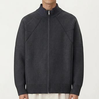 Men's Long Sleeve Full Zip Knit Sweater Jacket with Stand Collar Ribbed Trim and Relaxed Fit