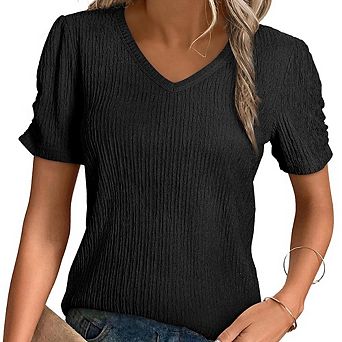 Women's V-Neck Puff Sleeve Short Sleeve Knit Top Textured Slim Fit Trendy Casual Top for Daily Wear
