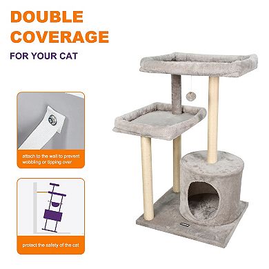 GOOPAWS 41-in Faux Fur Top Perch Cat Tree & Condo, Light Grey
