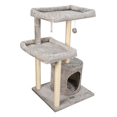 GOOPAWS 41-in Faux Fur Top Perch Cat Tree & Condo, Light Grey