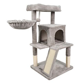 GOOPAWS 38 in Faux Fur Top Perch Cat Tree & Condo with Basket, Light Grey