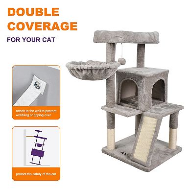 GOOPAWS 38-in Faux Fur Top Perch Cat Tree & Condo with Basket, Light Grey