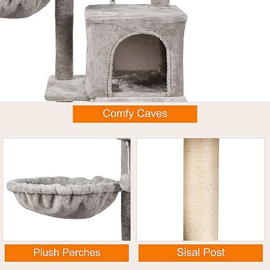 GOOPAWS 38-in Faux Fur Top Perch Cat Tree & Condo with Basket, Light Grey