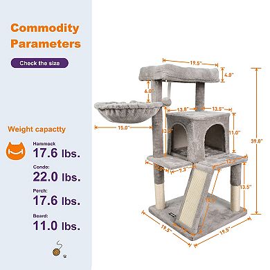 GOOPAWS 38-in Faux Fur Top Perch Cat Tree & Condo with Basket, Light Grey