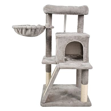 GOOPAWS 38-in Faux Fur Top Perch Cat Tree & Condo with Basket, Light Grey