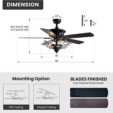 Moooni 50" Modern Crystal Fandelier Reversible Ceiling Fan with Remote for Bedroom No Bulbs
