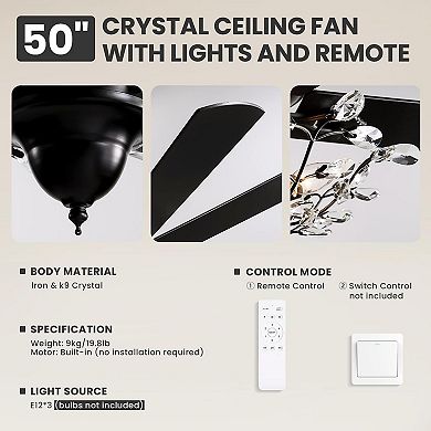 Moooni 50" Modern Crystal Fandelier Reversible Ceiling Fan with Remote for Bedroom No Bulbs
