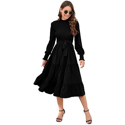 Women Midi Dress Ruffle Dress Long Sleeve Smocked Ruffle Dress