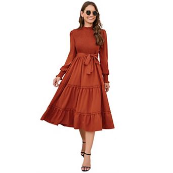 Women Midi Dress Ruffle Dress Long Sleeve Smocked Ruffle Dress