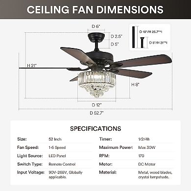 Moooni 52" Indoor Black Crystal 5-Blades Standard Downrod Mount Dimmable Ceiling Fan with Remote