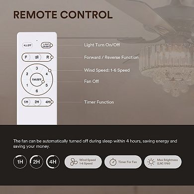 Moooni 52" Indoor Black Crystal 5-Blades Standard Downrod Mount Dimmable Ceiling Fan with Remote