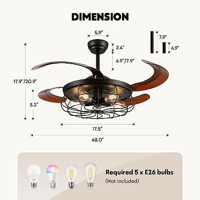 Moooni 48" Industrial Black Ceiling Fan with Light Retractable Fandelier with Remote Control No Bulb