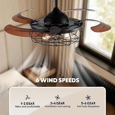 Moooni 48" Industrial Black Ceiling Fan with Light Retractable Fandelier with Remote Control No Bulb
