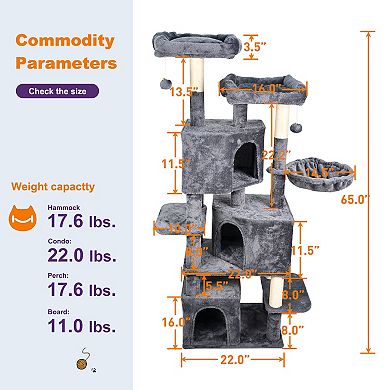 GOOPAWS Multi-Level 65-in Faux Fur Cat Tree & Condo, Dark Grey