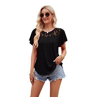 Women Round Neck Short Sleeve T-Shirt with Lace Trim Cut-Out Design Elegant Casual Blouse for Daily