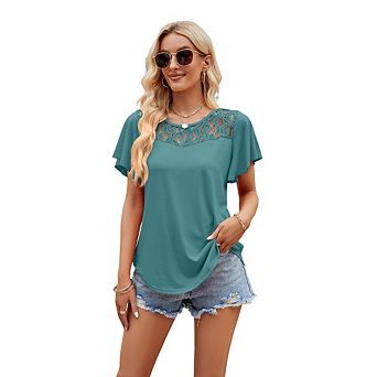 Women Round Neck Short Sleeve T-Shirt with Lace Trim Cut-Out Design Elegant Casual Blouse for Daily
