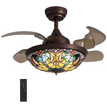 Moooni 36" Indoor Tiffany Stained Glass Retractable Ceiling Fan Vintage Fandelier with Remote/APP