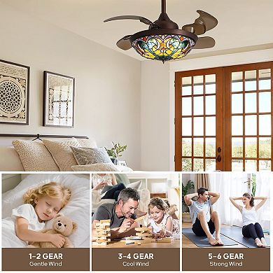 Moooni 36" Indoor Tiffany Stained Glass Retractable Ceiling Fan Vintage Fandelier with Remote/APP