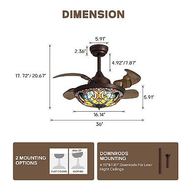 Moooni 36" Indoor Tiffany Stained Glass Retractable Ceiling Fan Vintage Fandelier with Remote/APP