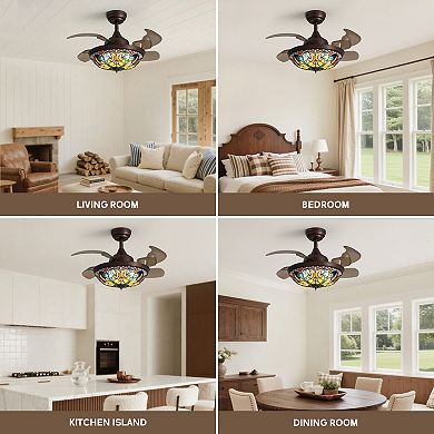 Moooni 36" Indoor Tiffany Stained Glass Retractable Ceiling Fan Vintage Fandelier with Remote/APP