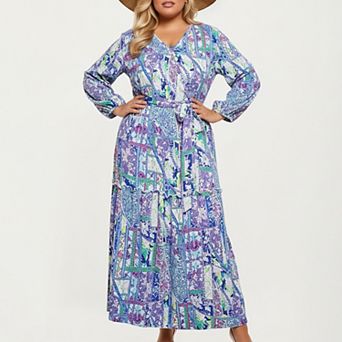 Women's Plus Size Patchwork Print Long Sleeve V-Neck Maxi Dress with Waist Tie and Tiered Skirt