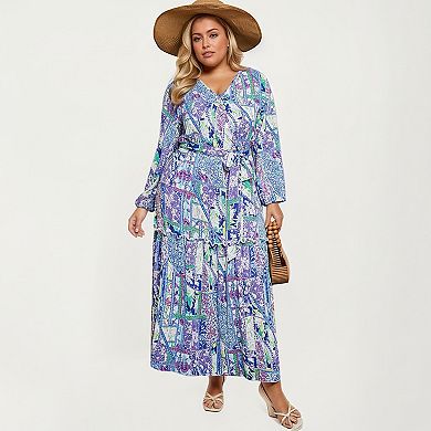 Women's Plus Size Patchwork Print Long Sleeve V-Neck Maxi Dress with Waist Tie and Tiered Skirt