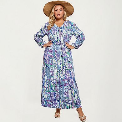 Women's Plus Size Patchwork Print Long Sleeve V-Neck Maxi Dress with Waist Tie and Tiered Skirt