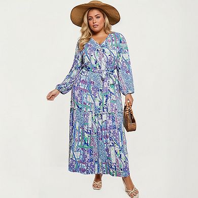 Women's Plus Size Patchwork Print Long Sleeve V-Neck Maxi Dress with Waist Tie and Tiered Skirt