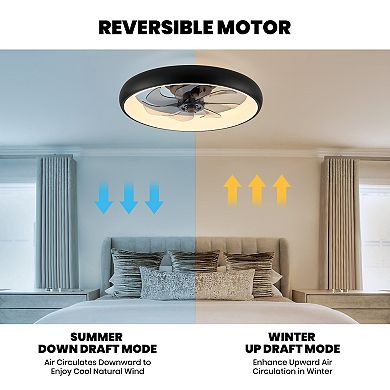 Moooni 20" Smart Indoor Modern Black Round Low Profile Dimmable Ceiling Fan with Remote for Bedroom