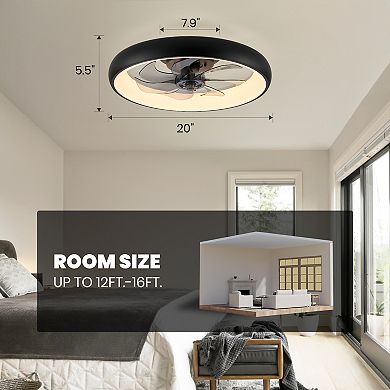 Moooni 20" Smart Indoor Modern Black Round Low Profile Dimmable Ceiling Fan with Remote for Bedroom