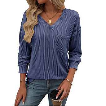 Women's V-Neck Twisted Rib Top Loose Long Sleeve Casual Sweatshirt Minimalist Chest Pocket T-Shirt