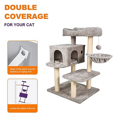 GOOPAWS 43-in Faux Fur Top Perch Cat Tree & Condo, Light Grey